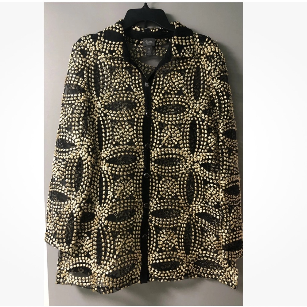 Black & Gold Chico's Traveler Collection Sheer Nylon Needle Stitch Blouse/Jacket